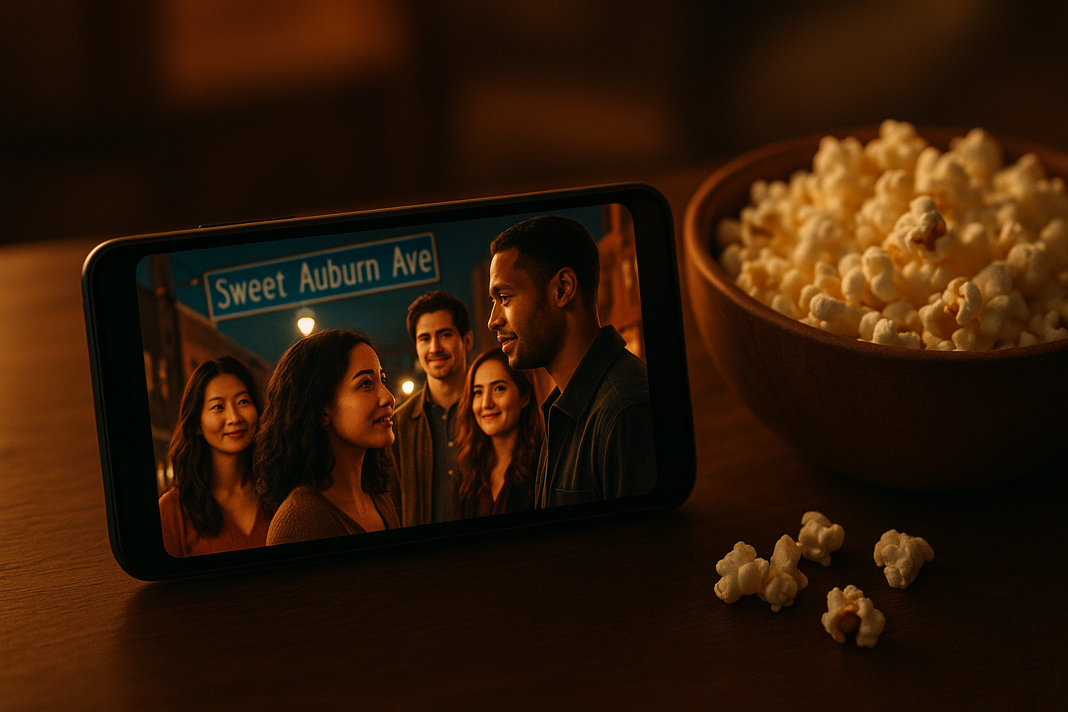 can-you-make-it-about-a movie-streaming-on-a-cell-phone-with-popcorn-next-to-the-phone . Make the characters be multi-racial women and men on Sweet Auburn Ave. 
